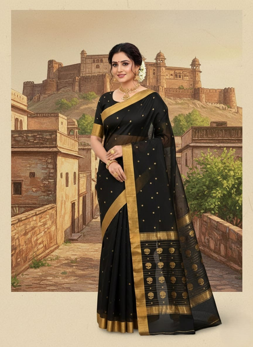 Black Chanderi Handloom Katan Silk Saree