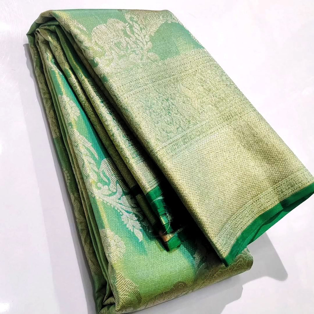 Dual Tone Green Kanchipuram Handloom Tissue Brocade Silk Saree