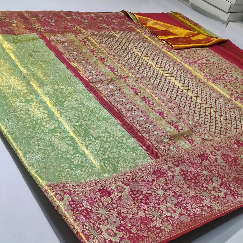 Pastel Green Kanchipuram Handloom Tissue Brocade Silk Meenakari Saree
