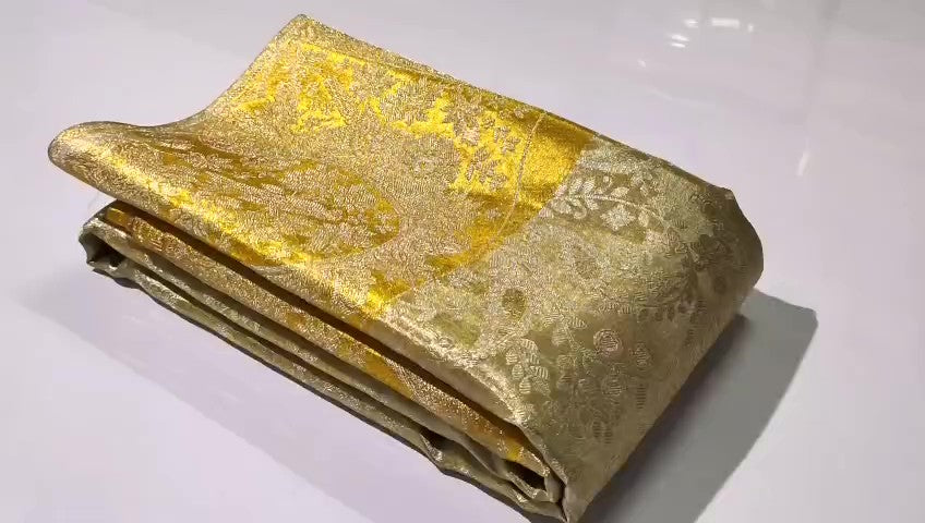 Ivory & Gold Kanchipuram Handloom Tissue Brocade Bridal Silk Saree
