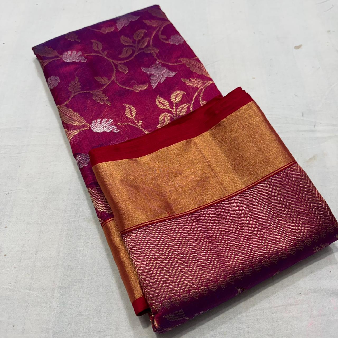 Dark Pink Chanderi Handloom Pattu Silk Shikargah Handwork Saree