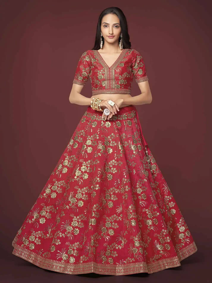 Red Silk Lehenga with Zari, Sequins & Dori Work