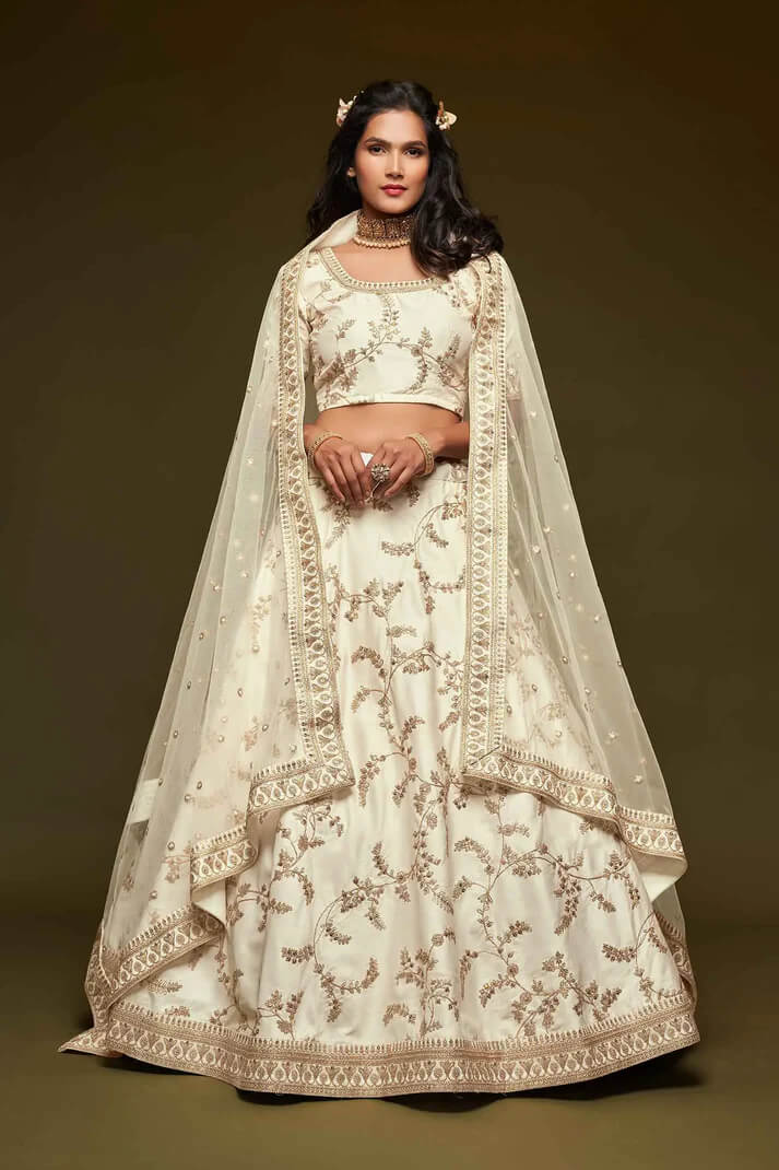 White Silk Lehenga with Thread, Zari & Sequins Work