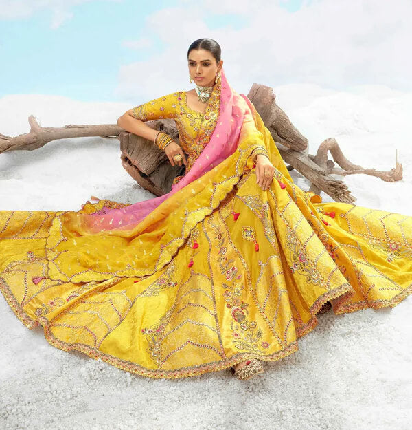 Mustard Yellow Silk Embroidery Work Bridal Ensemble
