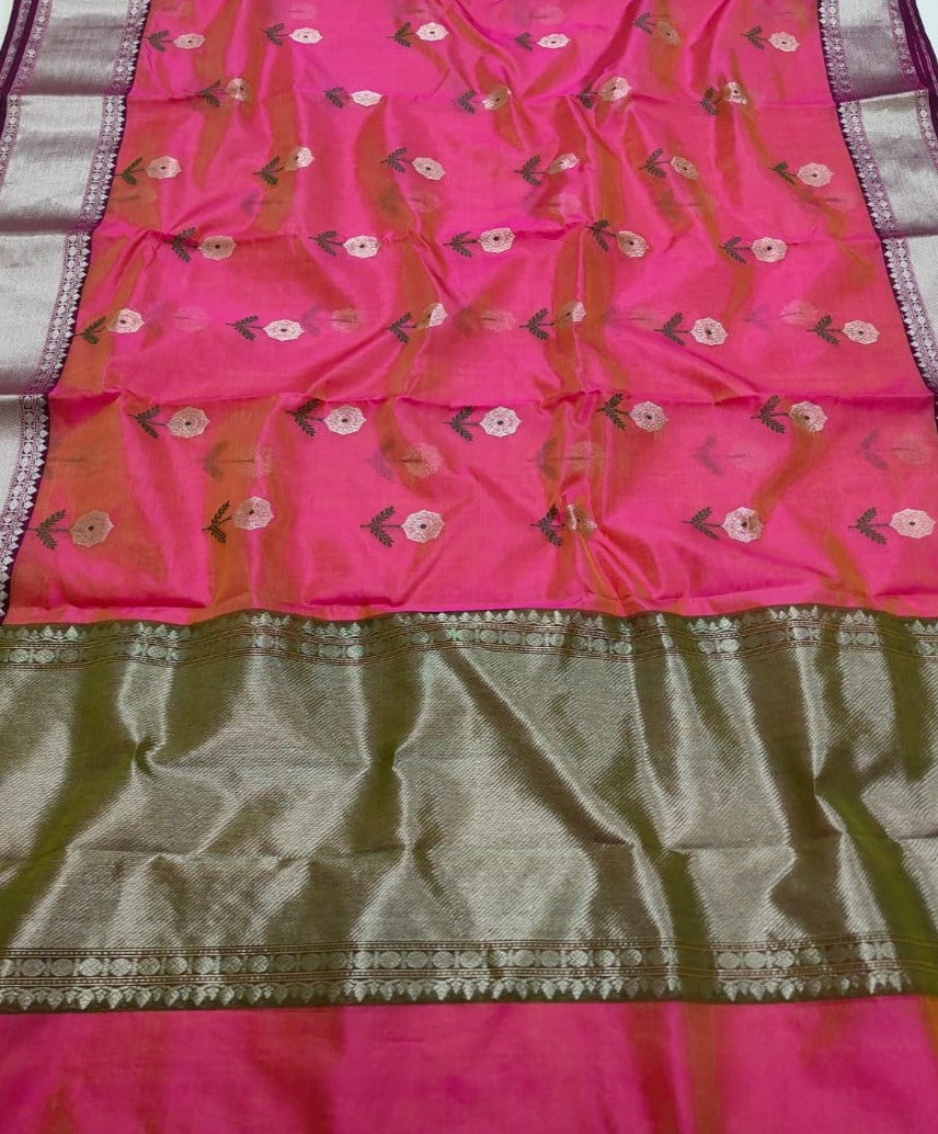 Hot Pink Chanderi Handloom Pattu Silk Meenakari Saree