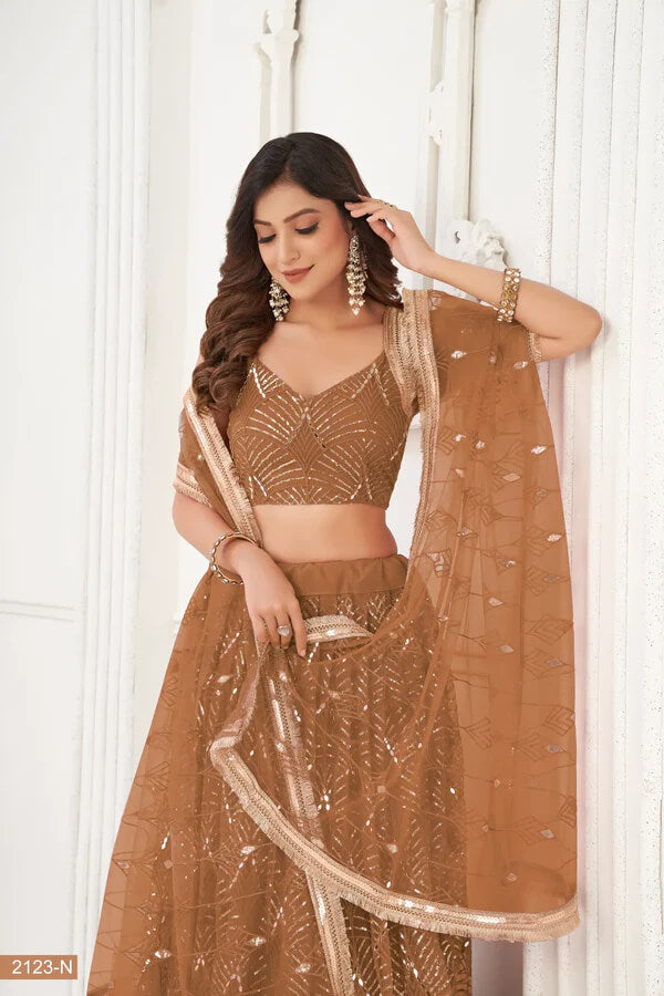 Designer Brown Thread & Mirror Lehenga Choli
