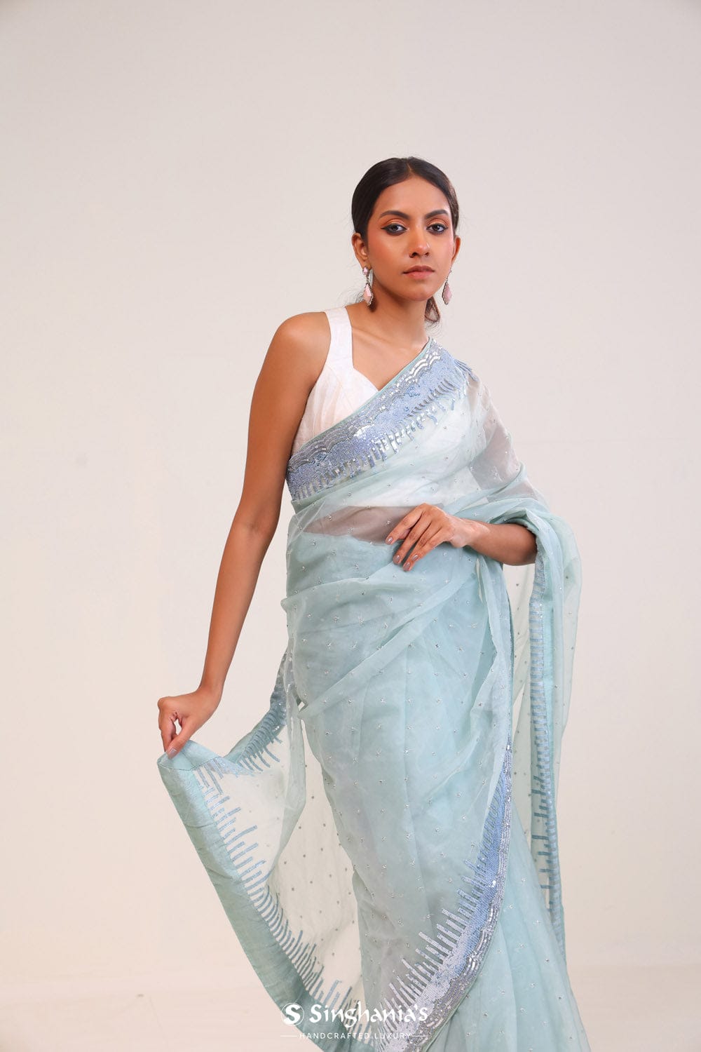 Powder Blue Hand Embroidered Organza Silk Saree