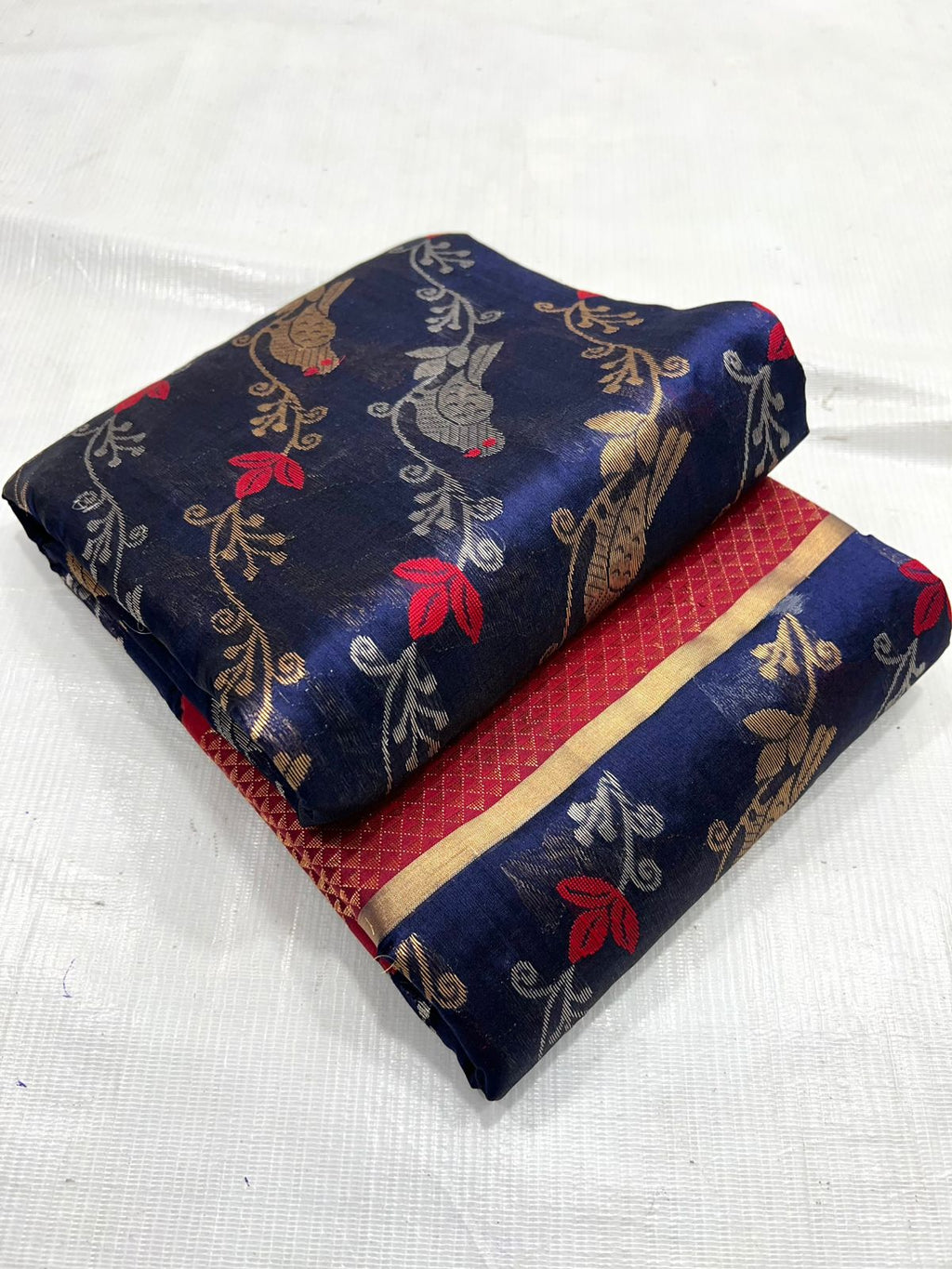 Dark Blue Chanderi Handloom Pattu Silk Meenakari Handwork Saree