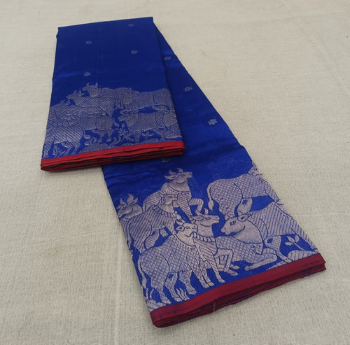 Azurblå Chanderi Håndvævet Pattu Silk Håndværk Saree