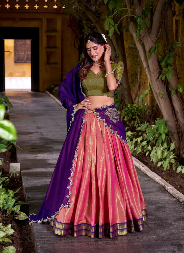 Peach Pink Ethnic Lehenga Choli with Kanchipuram Zari Work
