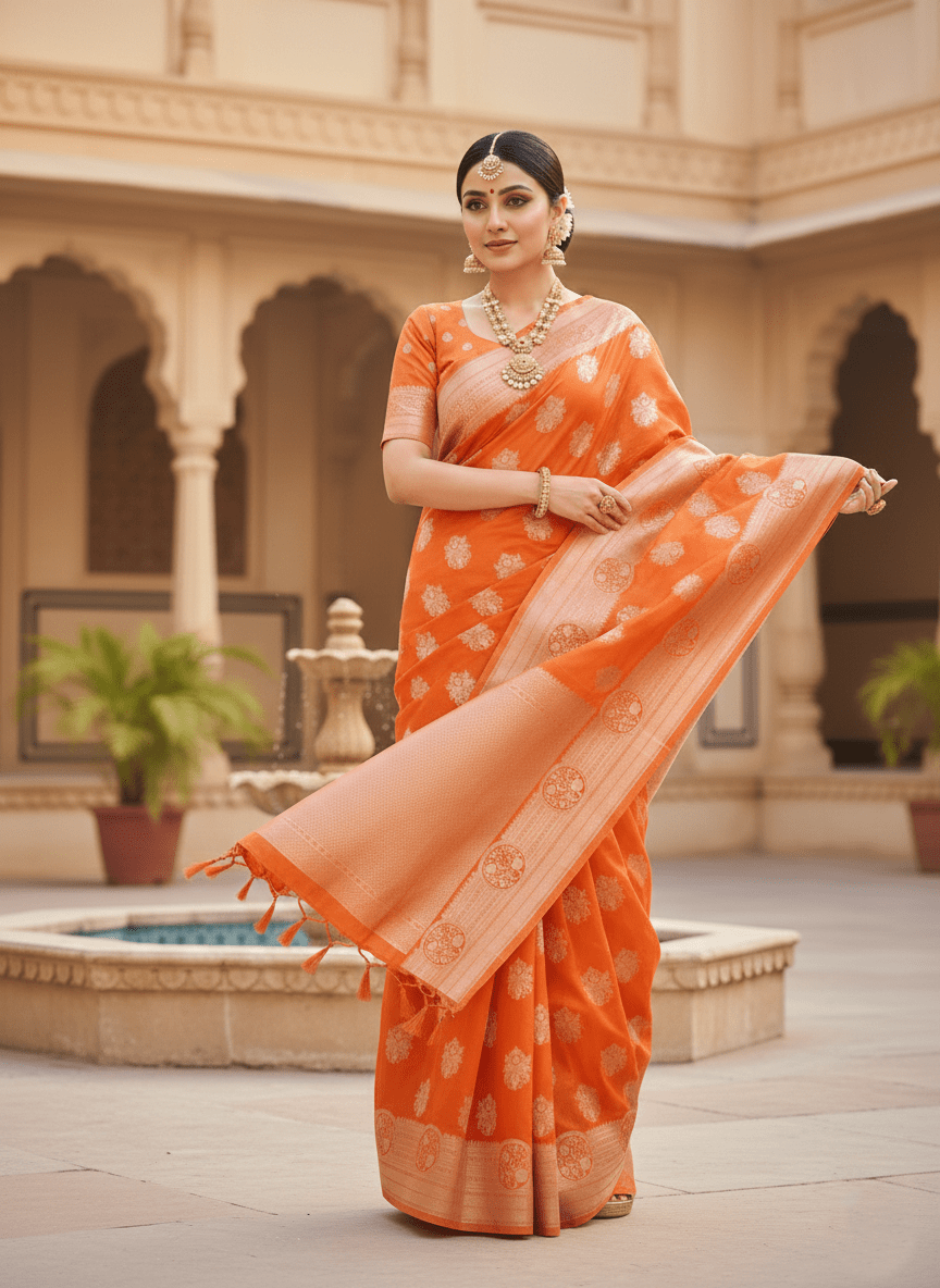 Coral Banarasi Handloom Kora Organza Silk Saree