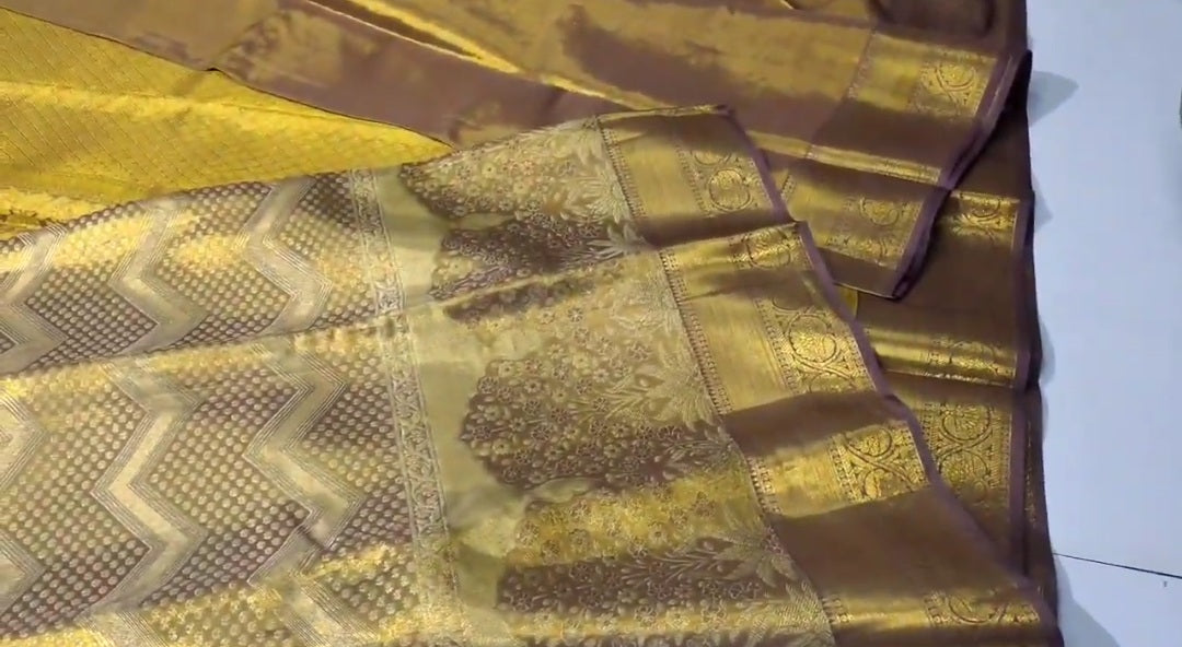 Gold Kanchipuram Handloom Tissue Brocade Silk Saree