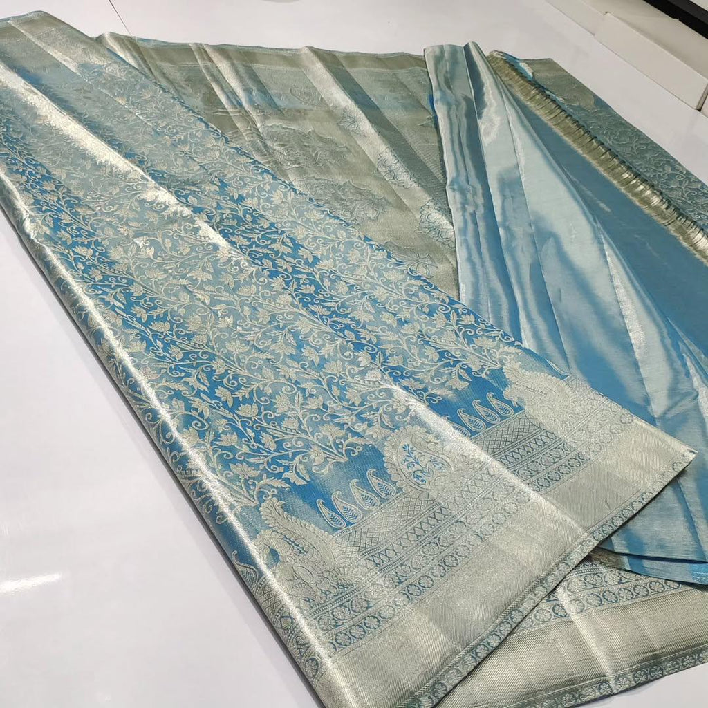 Sky Blue Kanchipuram Handloom Tissue Brocade Silk Saree