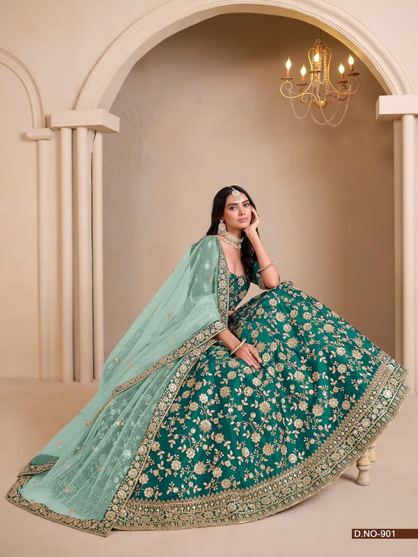 Wedding Wear Sea Green Art Silk Lehenga with Embroidery