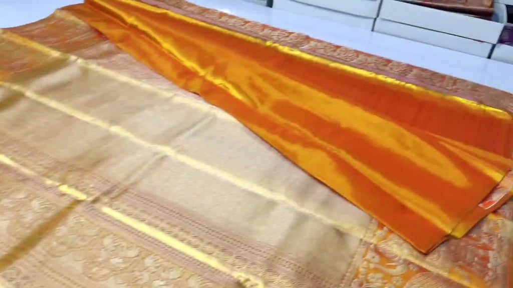 Orange Kanchipuram håndvævet vævsbrokade silkesari
