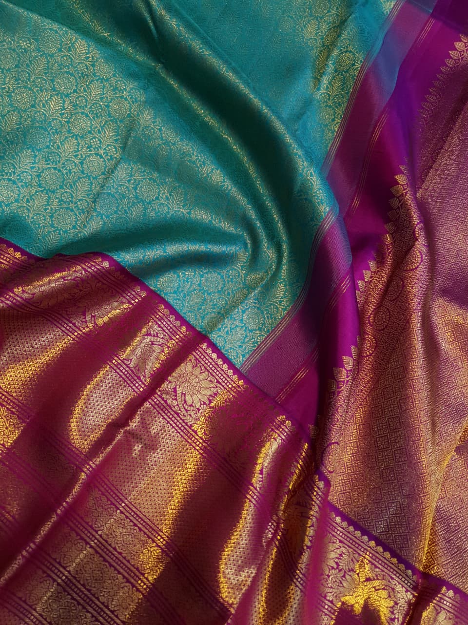 Havgrøn Kanchipuram Håndvæv 2G Guld Pattu Silk Saree