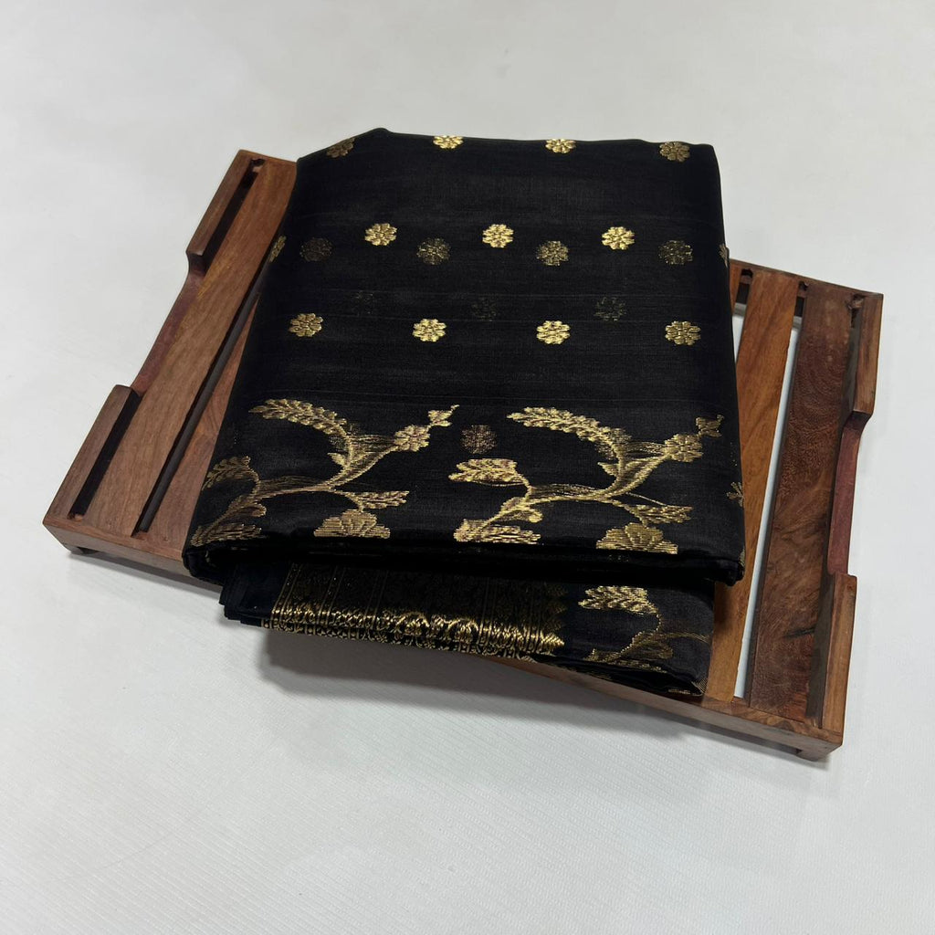 Black Chanderi Handloom Katan Silk Saree
