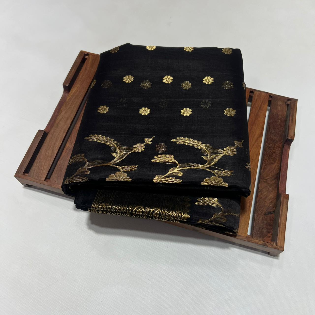 Black Chanderi Handloom Katan Silk Saree