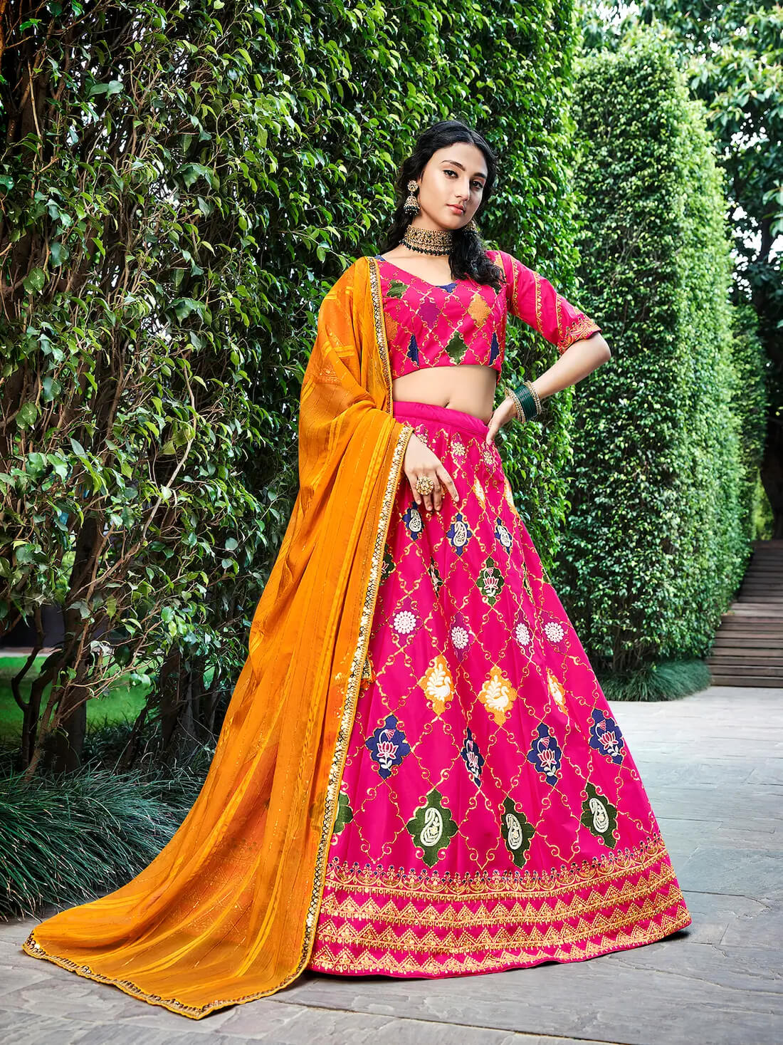 Deep Pink Silk Lehenga Choli with Designer Thread Work