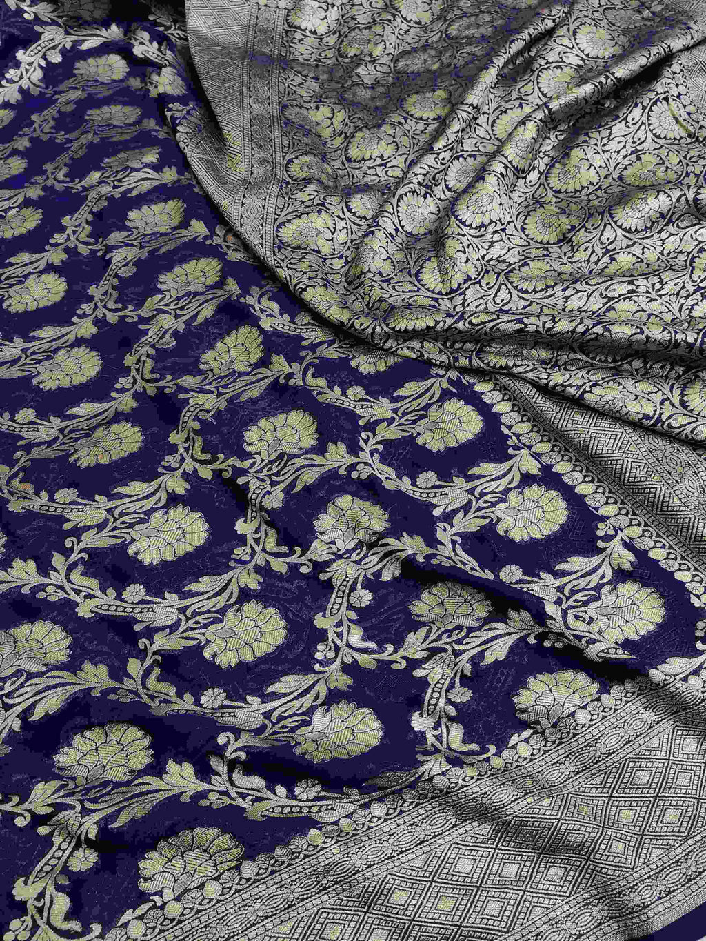 Midnight Blue Banarasi Handloom Water Zari Georgette Silk Saree