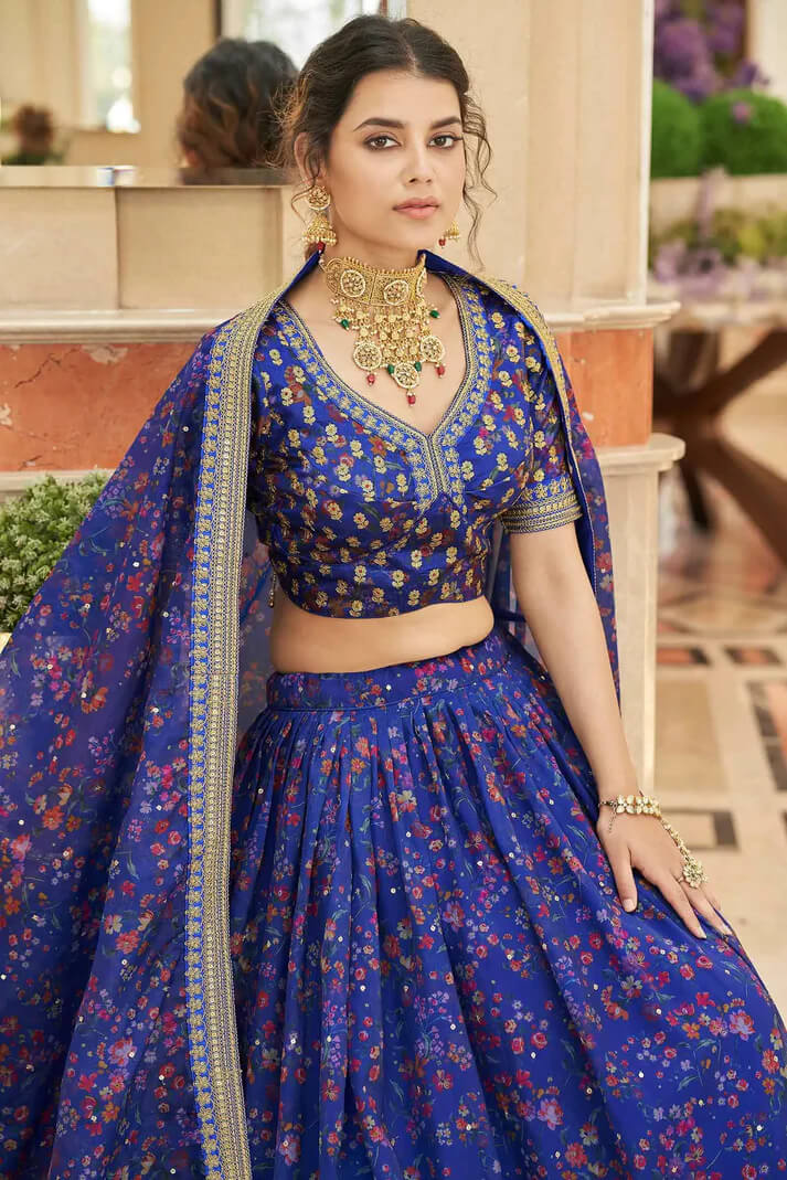 Blue Organza Floral Lehenga with Zari & Sequins Work