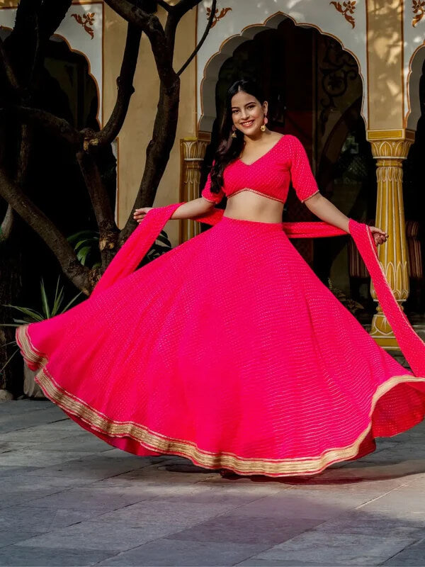 Rani Pink Leheriya Georgette Lehenga with Zari Lace