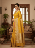 Golden Yellow Handloom Pattu Silk Meenakari Handwork Saree
