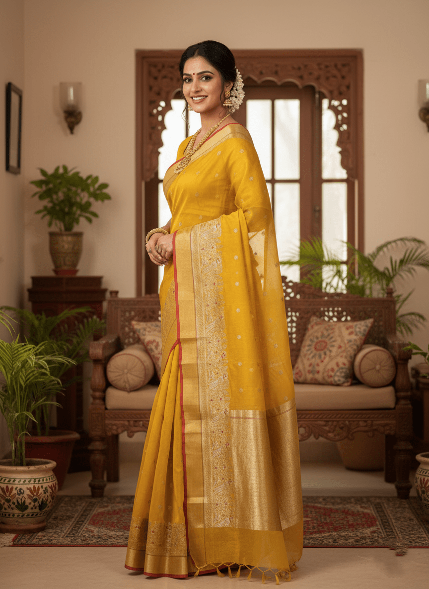Golden Yellow Handloom Pattu Silk Meenakari Handwork Saree