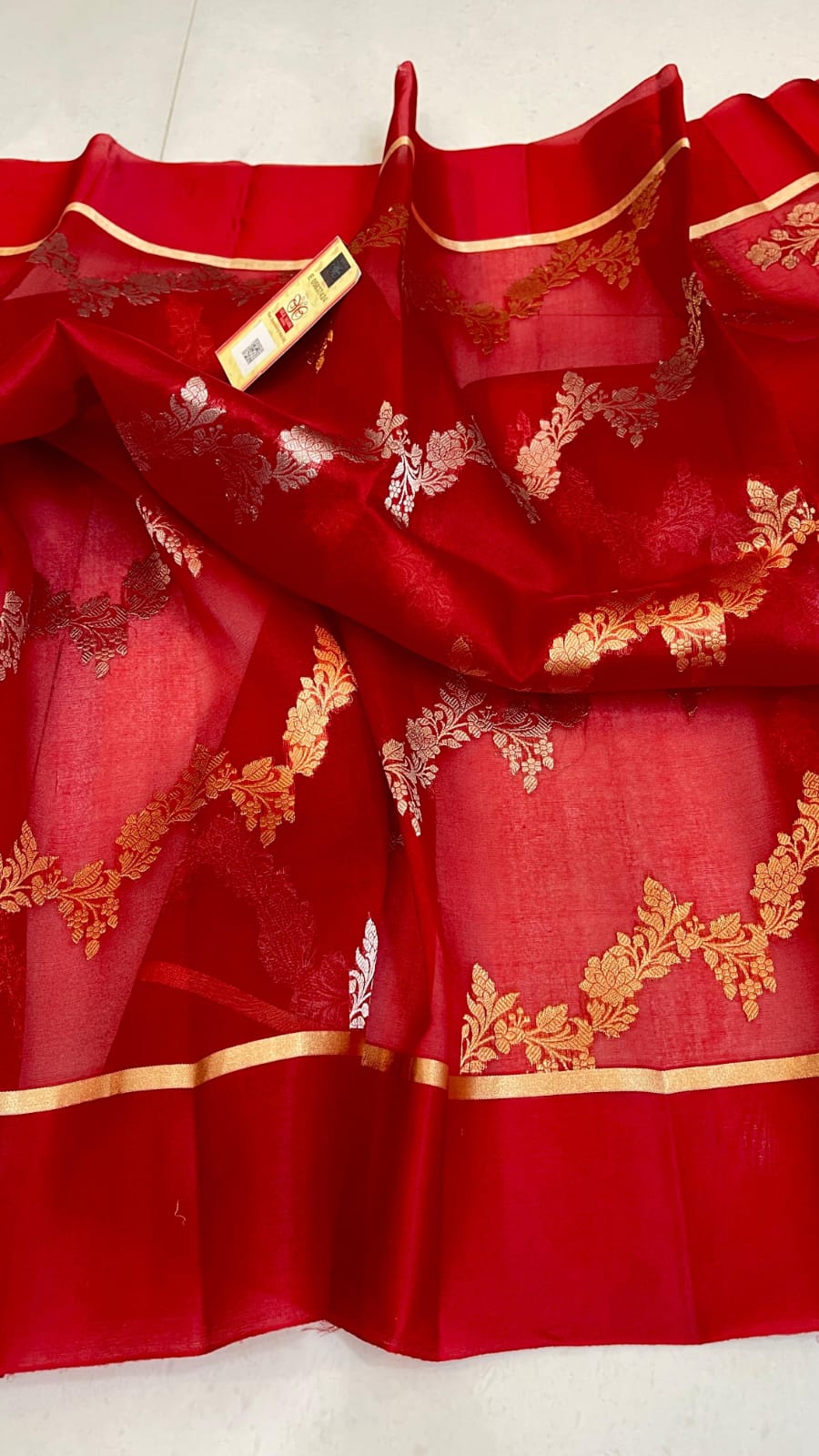 Rustic Red Banarasi Handloom Kora Organza Silk Saree
