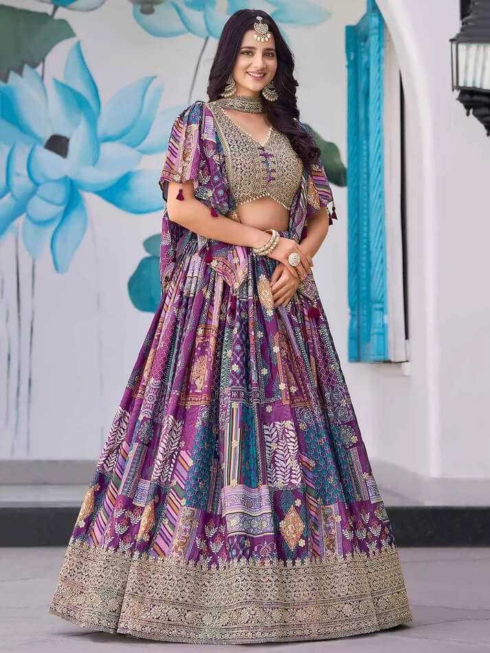 Purple Digital Print Lehenga with Choker Dupatta