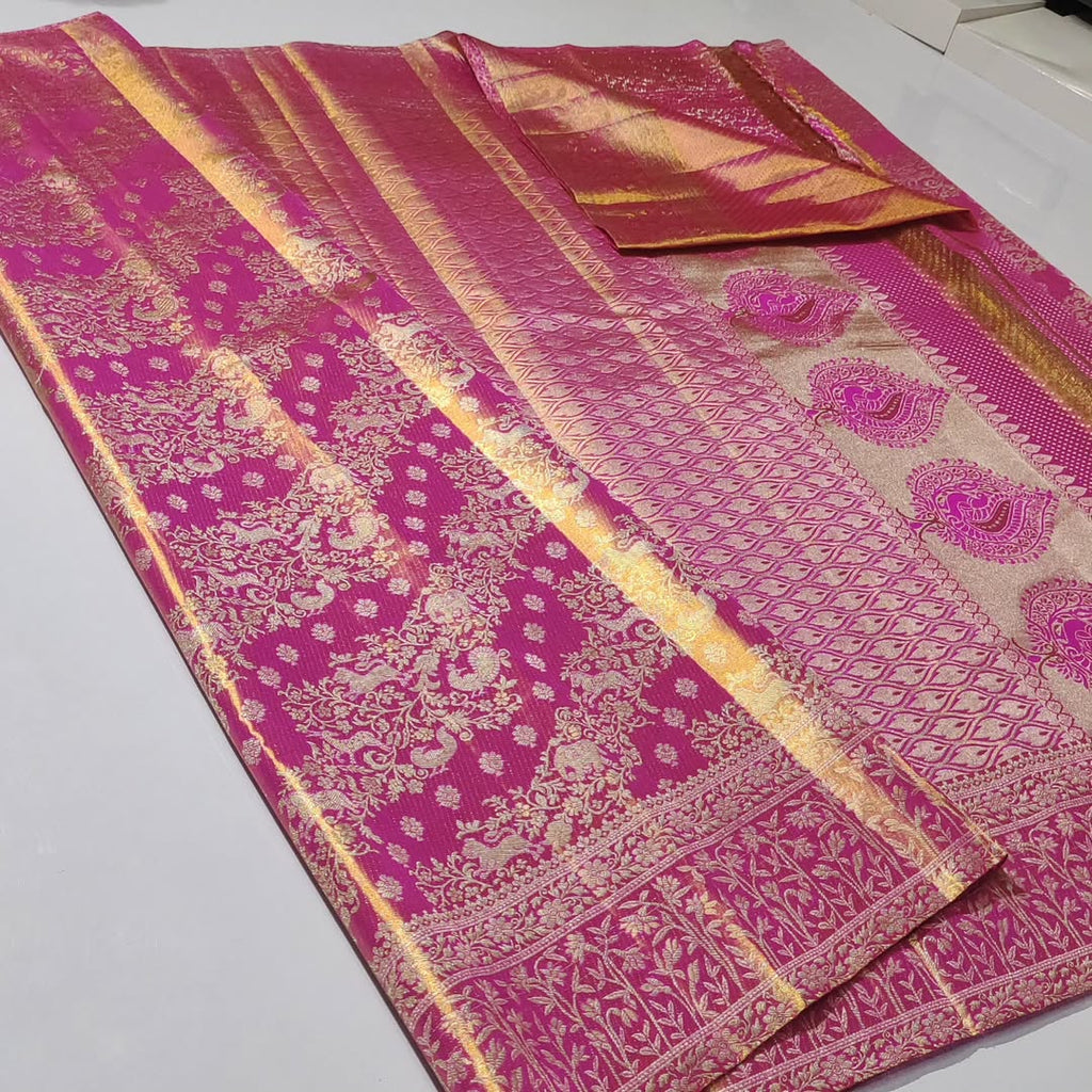 Hot Pink Kanchipuram Handloom Tissue Brocade Bridal Silk Saree