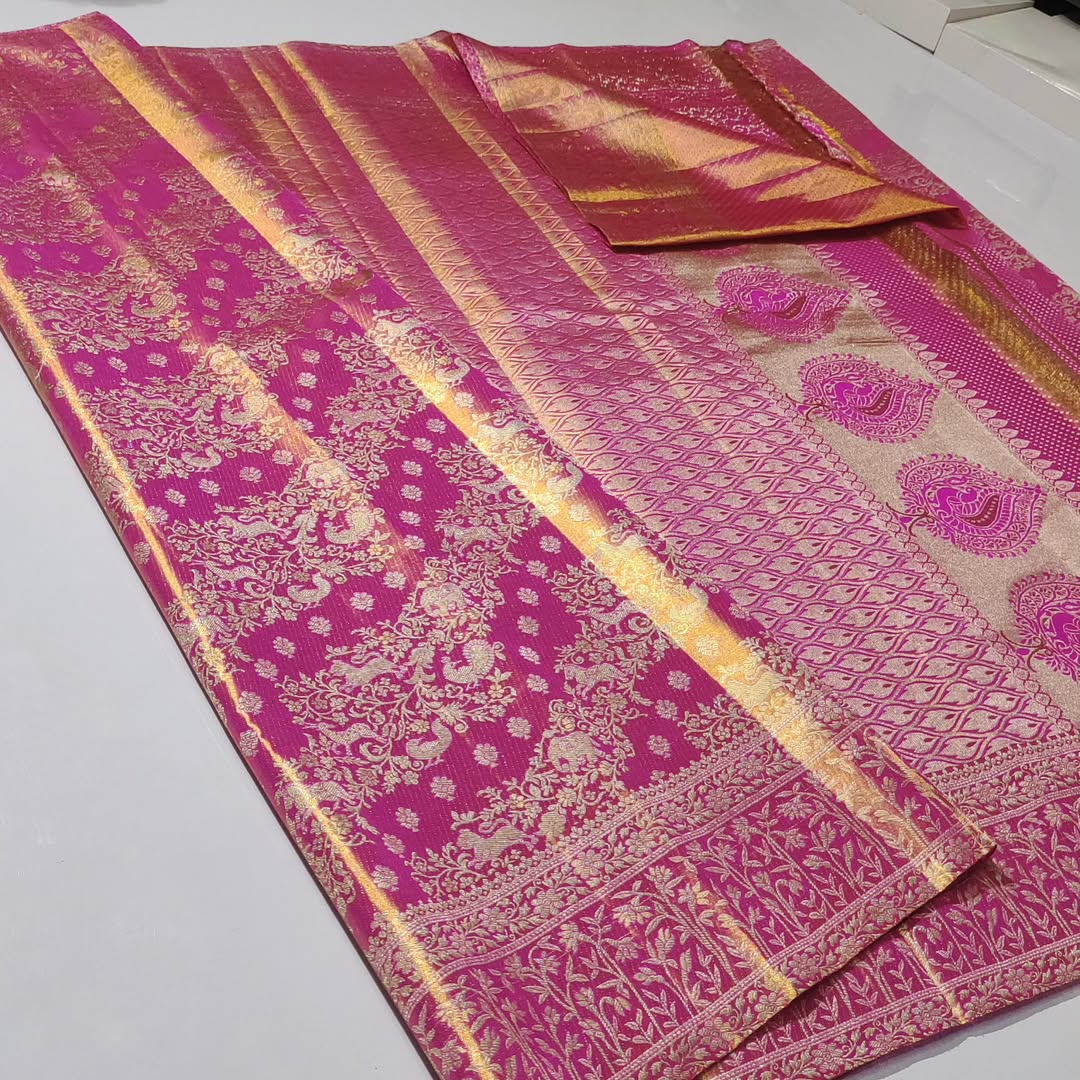 Hot Pink Kanchipuram Handloom Tissue Brocade Bridal Silk Saree