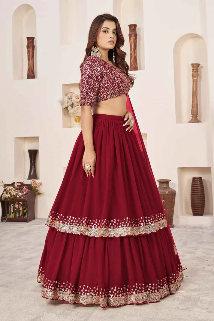 Red Designer Georgette Lehenga with Sequins & Zari