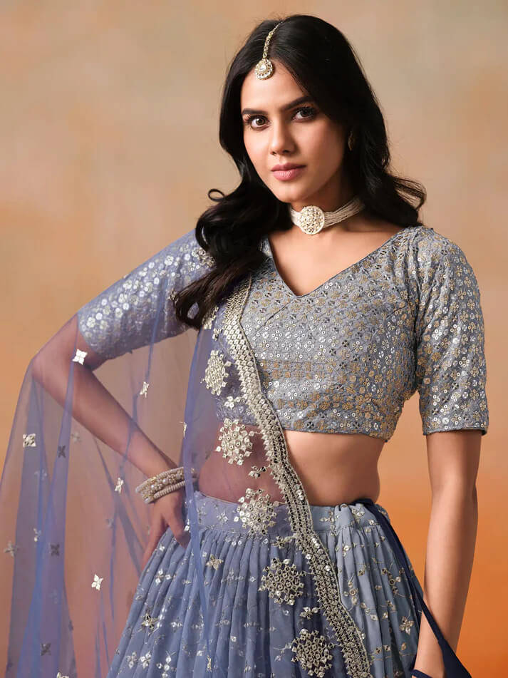 Navy Blue Gradient Georgette Lehenga with Zari & Sequins
