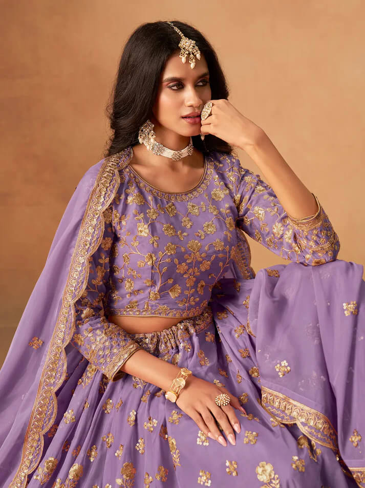 Lavender Organza Lehenga with Embroidery Work