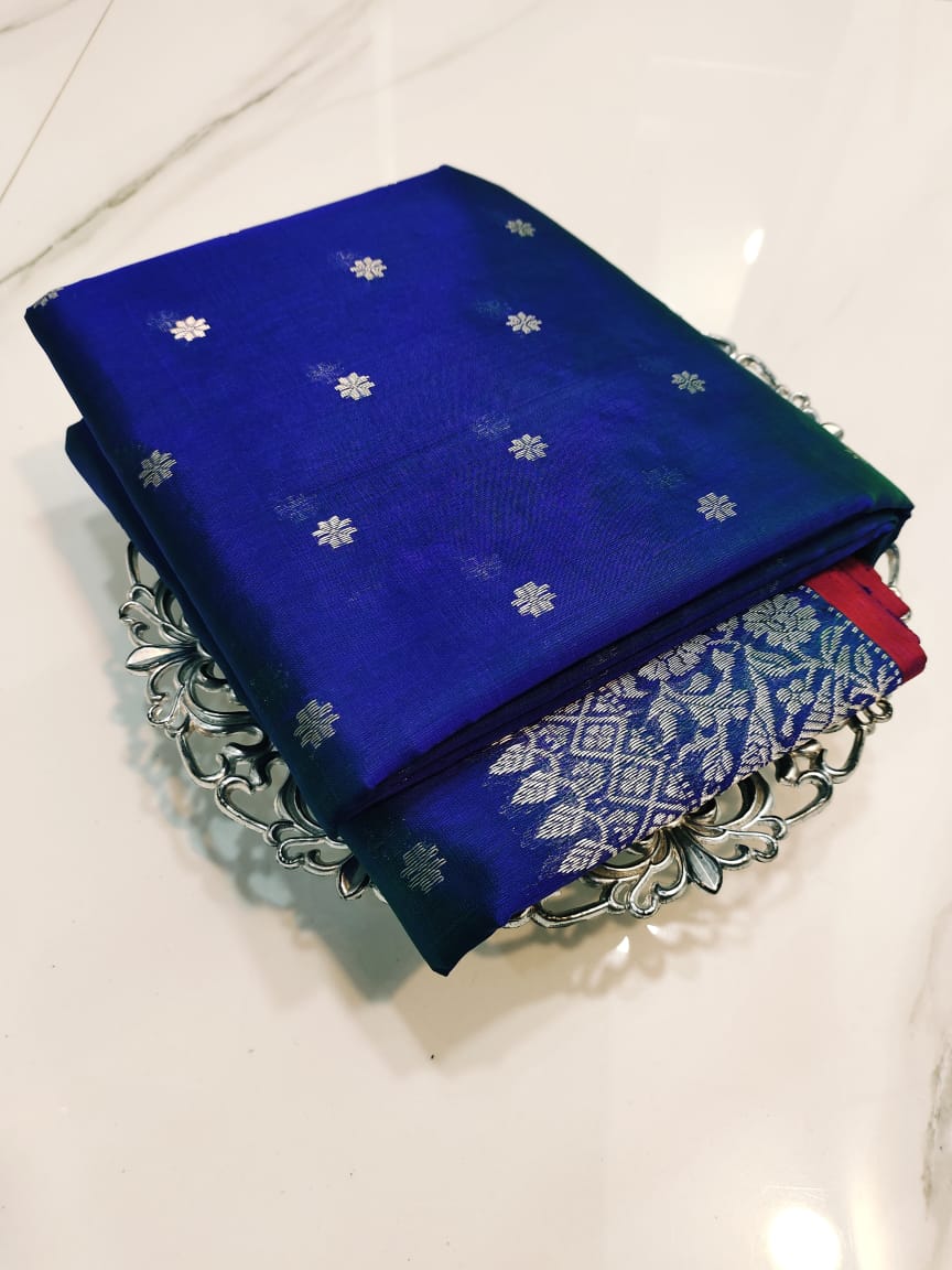 Dual Tone Blue Chanderi Handloom Pattu Silk Handwork Saree