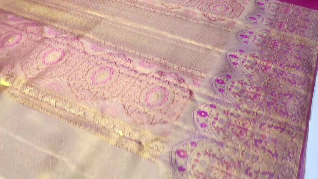 Gold and Hot Pink Kanchipuram Handloom Tissue Brocade Silk Saree
