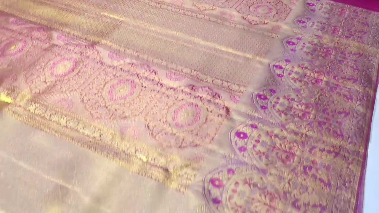 Gold and Hot Pink Kanchipuram Handloom Tissue Brocade Silk Saree