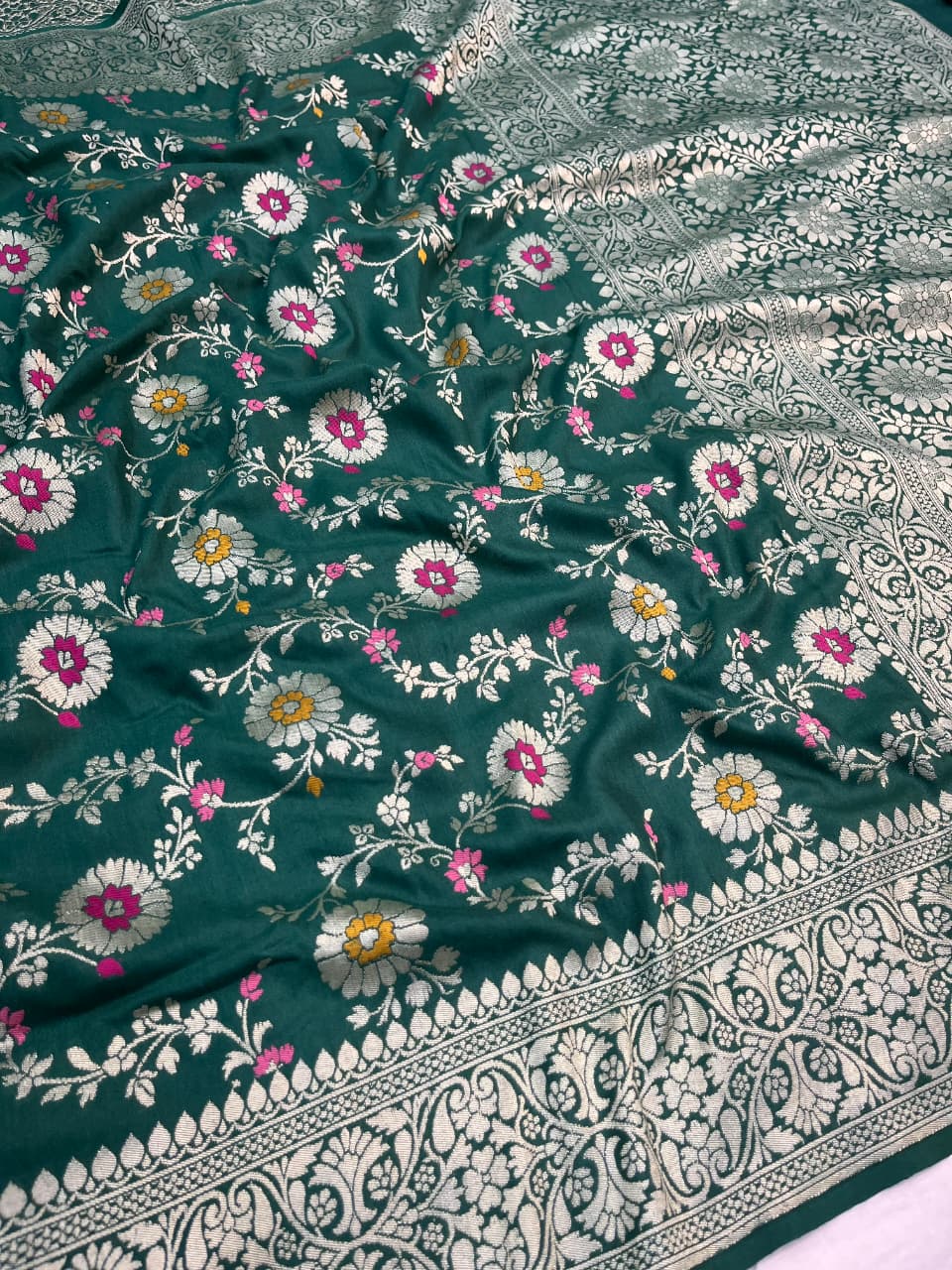 Dark Green Banarasi Handloom Katan Moonga Silk Water Zari Meenakari Saree