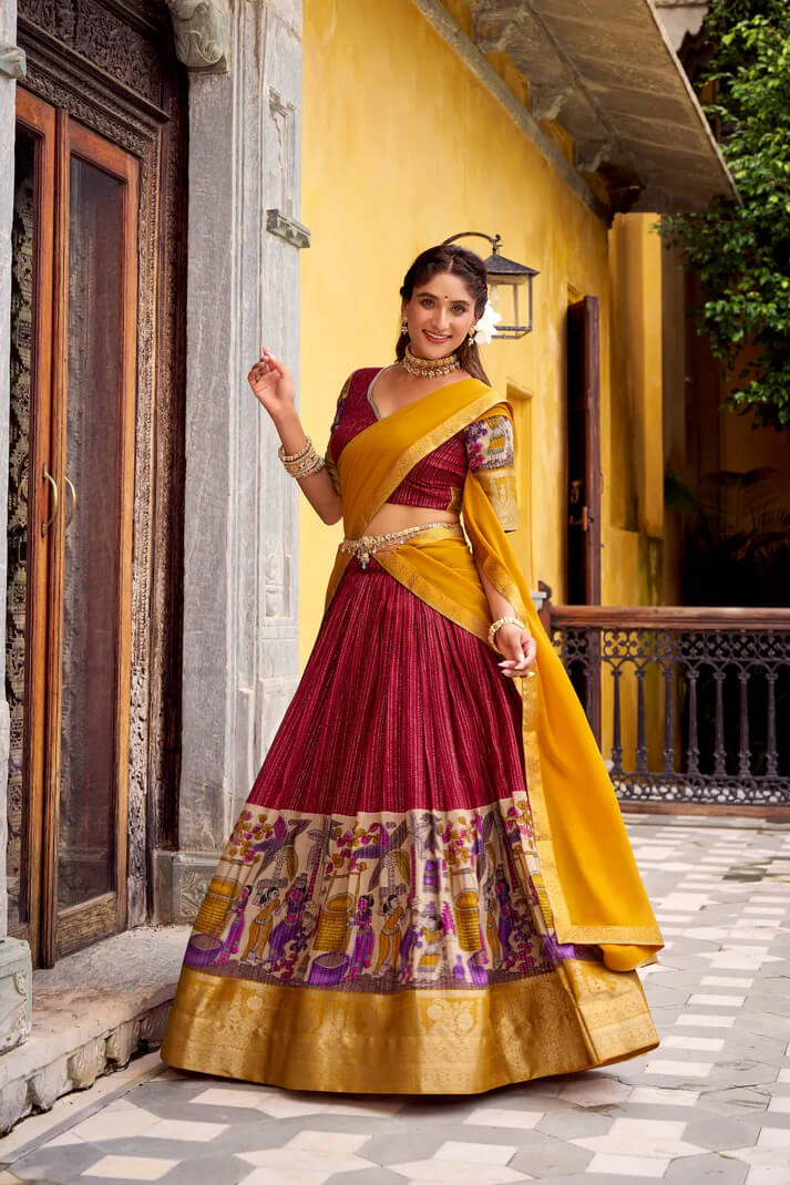 Red Chanderi Lehenga with Kalamkari & Zari Work