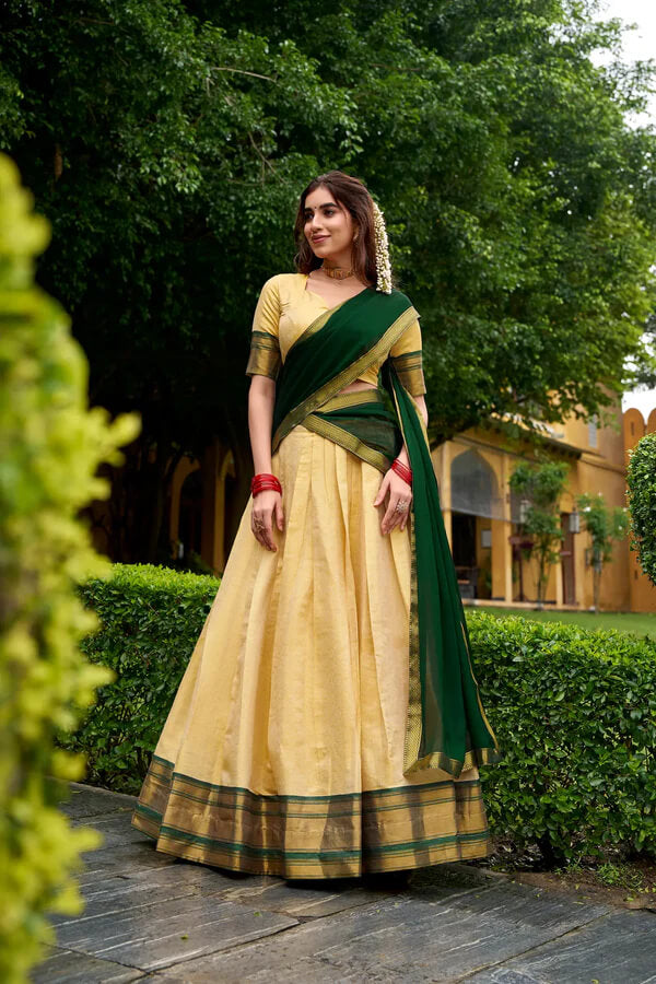 South Indian Style Beige & Green Zari Work Lehenga Choli