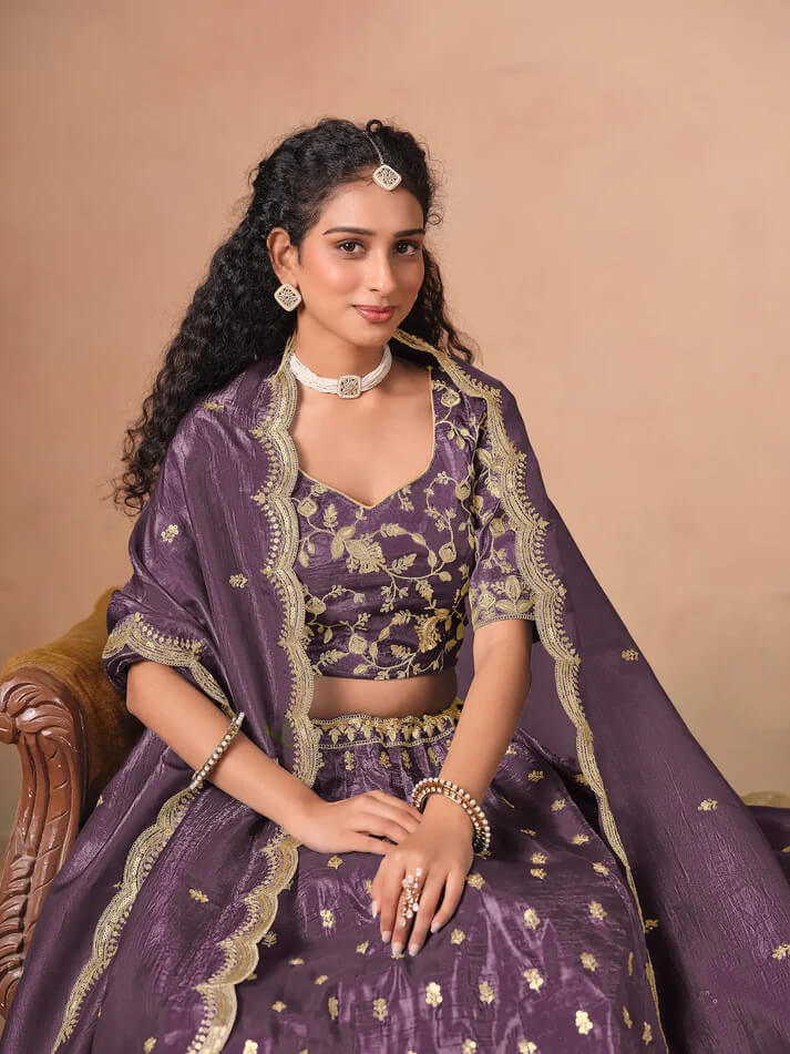 Dusty Purple Organza Lehenga with Embroidery Work