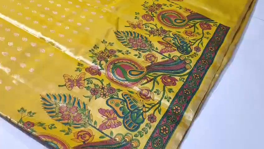Golden Yellow Kanchipuram Handloom Kalamkari Tissue Silk Saree