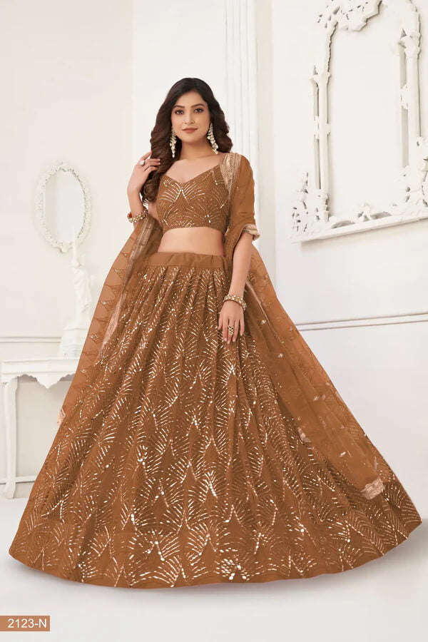 Designer Brown Thread & Mirror Lehenga Choli