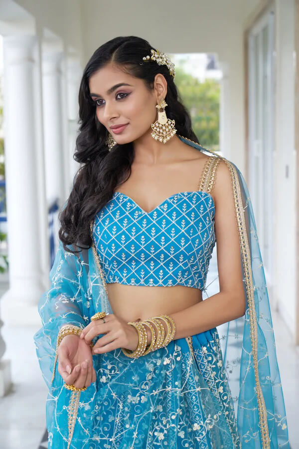 Elegant Pacific Blue Net Embroidered Lehenga Choli