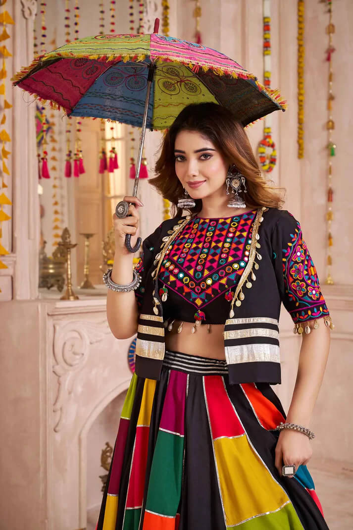 Black Multi Color Patch Work Lehenga with Mirror Jacket