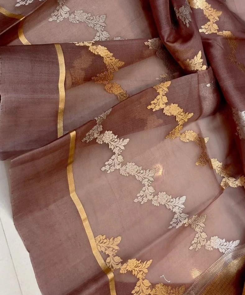 Rose Banarasi Handloom Kora Organza Silk Saree