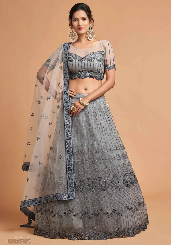 Smokey Grey Soft Net Lehenga with Zari & Thread Work