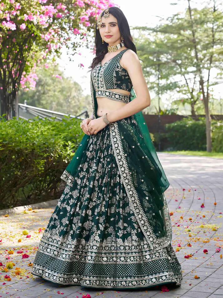 Green Jacquard Lehenga with Zari & Sequins Work