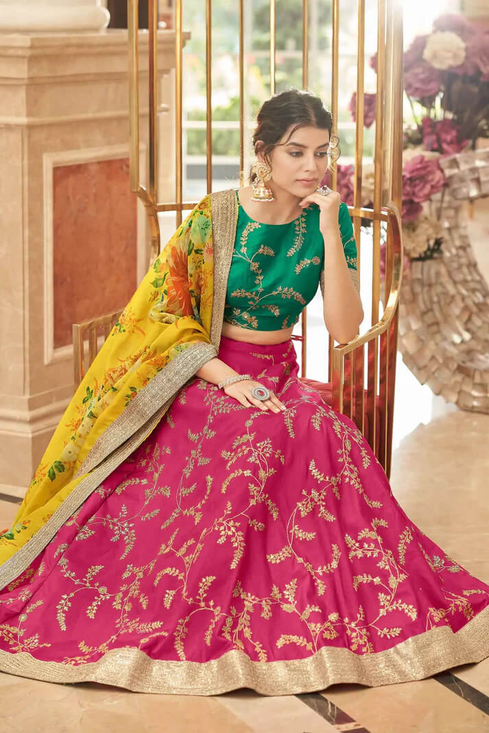 Pink Yellow Art Silk Lehenga with Zari & Sequins Work